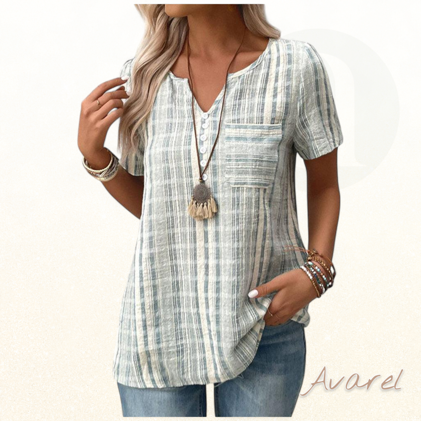 Bequems V-Ausschnitt T-Shirt mit stilvollem Streifen-Karomuster