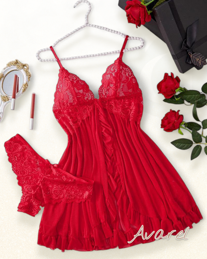 Sexy Damen Cami-Nachtkleid mit Schleifen-Dekoration und Rüschenbesatz aus Spitze