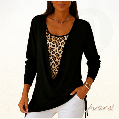 Stylisch Leopardenmuster T-Shirt mit fäärbe Zweiteilung und Schnür-Detail