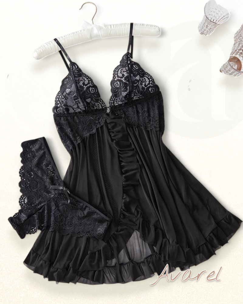 Sexy Damen Cami-Nachtkleid mit Schleifen-Dekoration und Rüschenbesatz aus Spitze