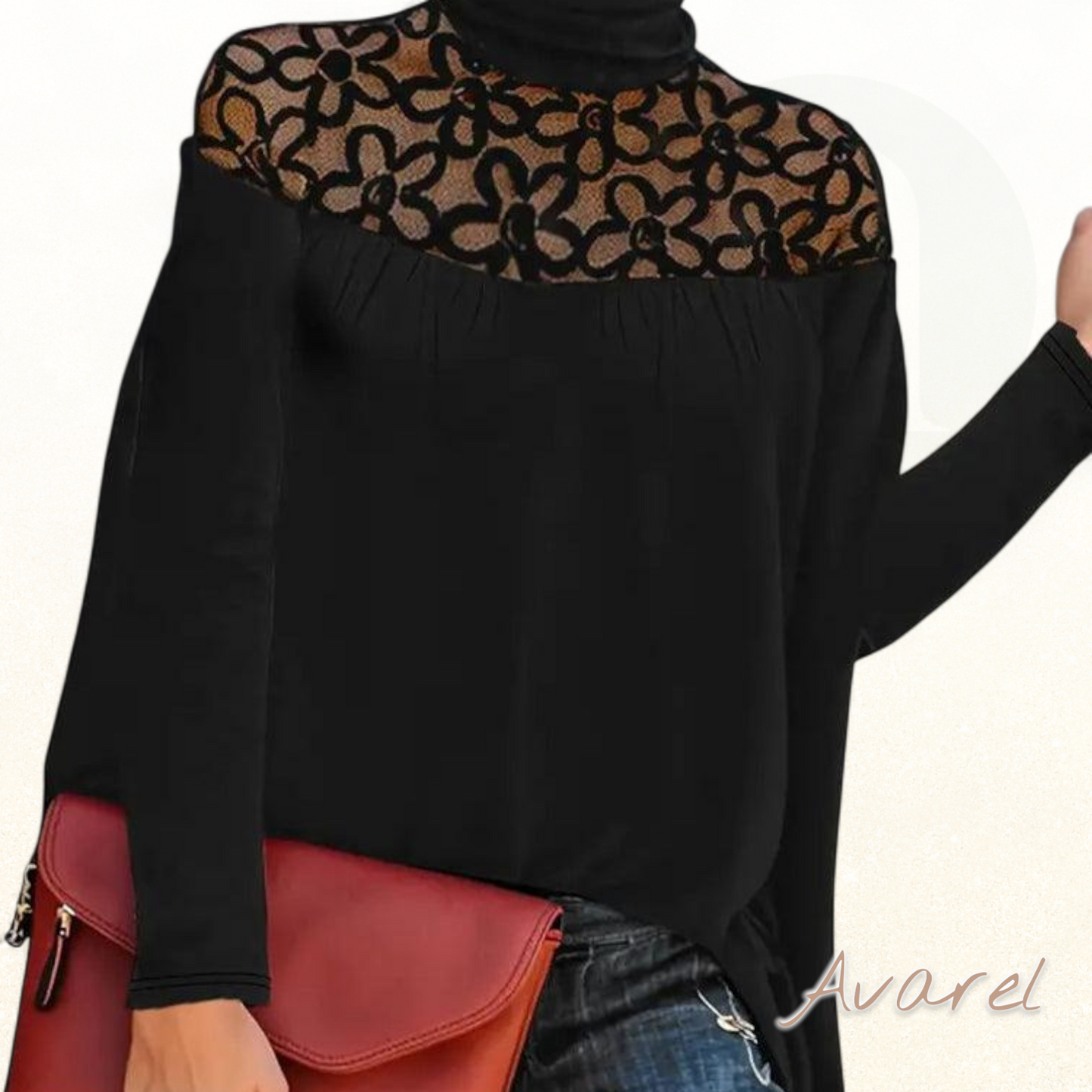 Eleganter Top mit Rollkrägen, Spitzebesatz und transparentem Strickdesign