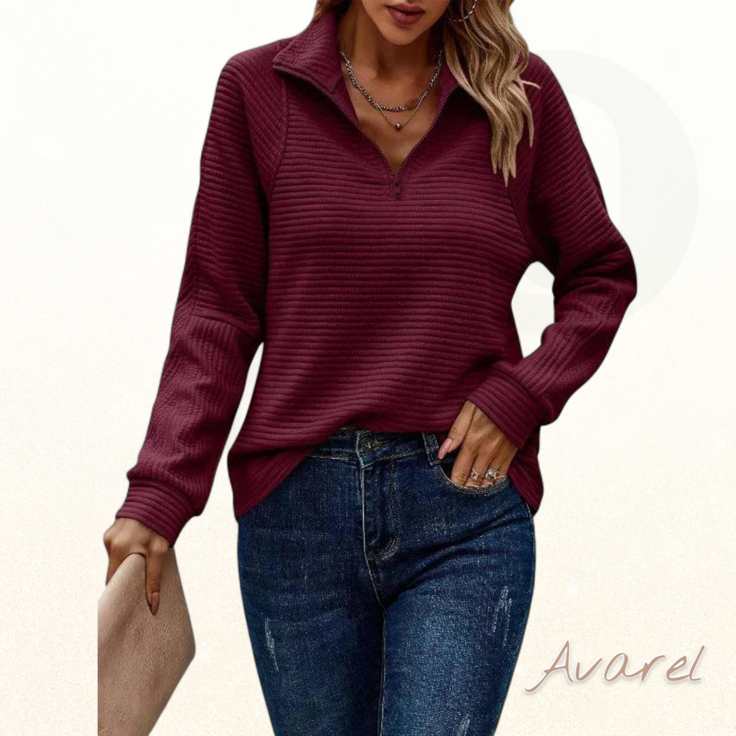 Chique Damenpullover mit lange Ärmle, elegante V-Ausschnitt und praktischem Rei verschluss für dr perfekte Look