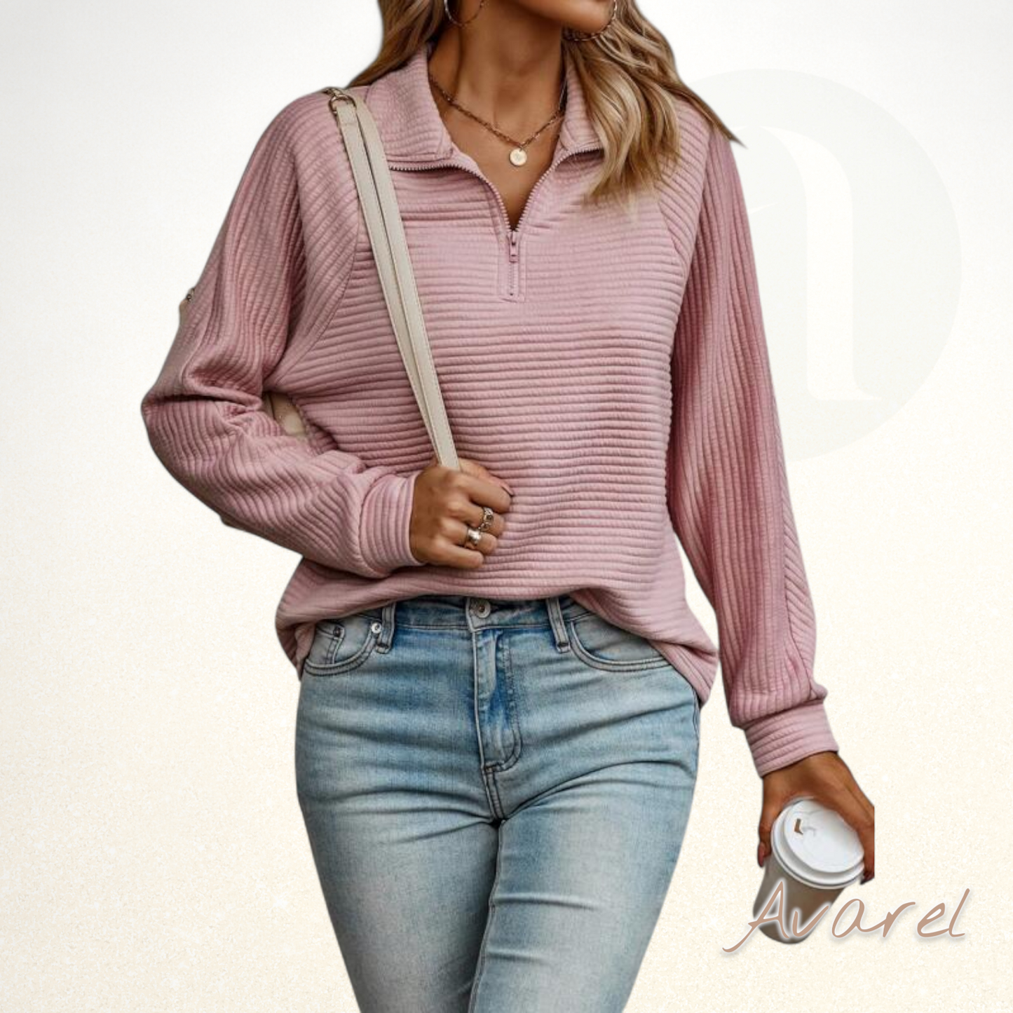 Chique Damenpullover mit lange Ärmle, elegante V-Ausschnitt und praktischem Rei verschluss für dr perfekte Look