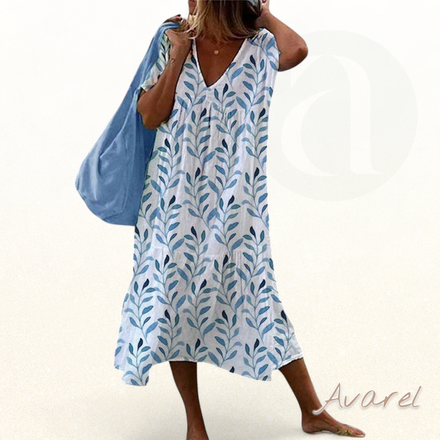 schickes Damen-Seraphine-Kleid mit Dreieckskragen und bedrucktem Oberteil inspiriert von Blättern