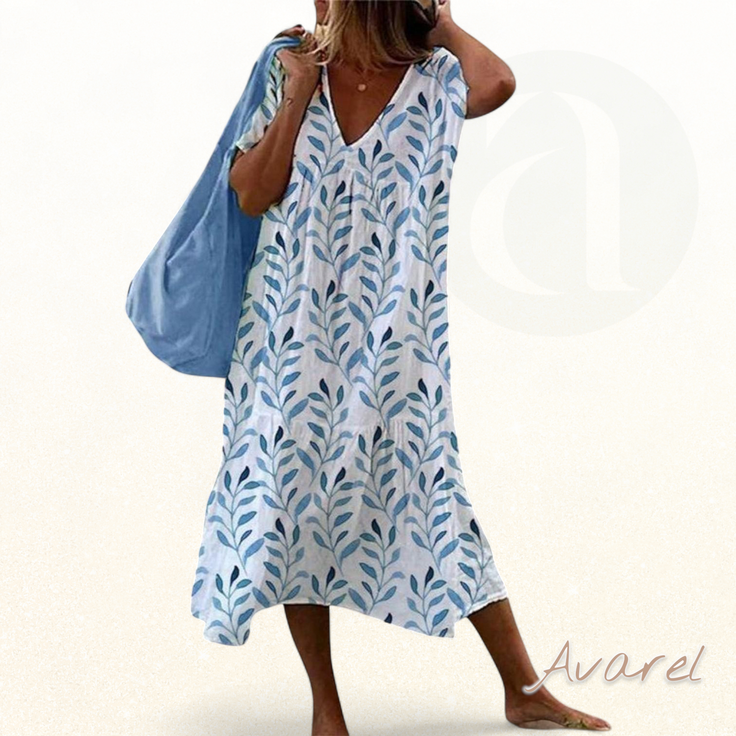 schickes Damen-Seraphine-Kleid mit Dreieckskragen und bedrucktem Oberteil inspiriert von Blättern